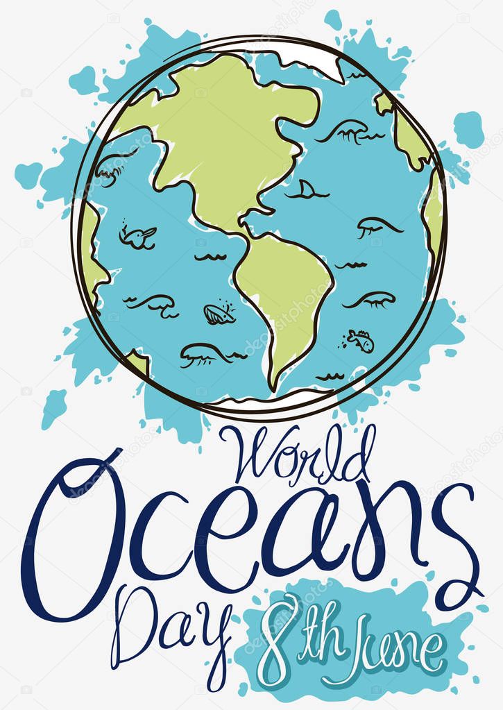 Earth with Marine Fauna in Doodle Style for Oceans Day, Vector Illustration