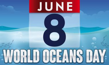 Dünya okyanus günü, vektör çizim için deniz manzarası üzerinde yarı saydam gevşek yaprak takvim