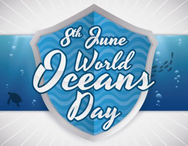 Kalkan ve okyanuslar gün, vektör çizim için deniz Fauna ile sualtı etiket