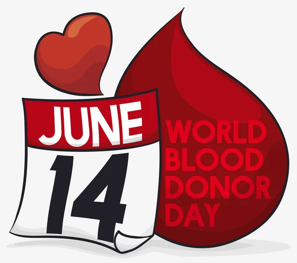 Gota de sangre con calendario y corazón para el día del donante de sangre, ilustración vectorial — Vector de stock
