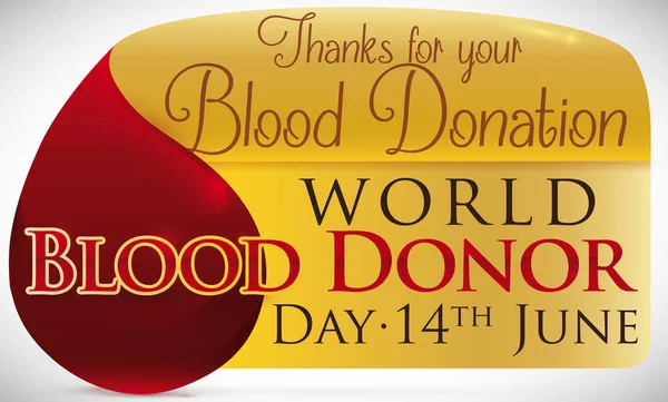 Shiny Drop and Golden Greeting Message for Blood Donor Day, Vector Illustration — Stock Vector