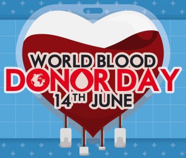 Dünya kan donör gün tasarım ile kalp, vektör çizim gibi kan torbası