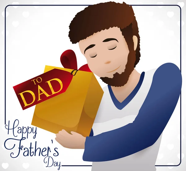 Junger bärtiger Papa mit seinem besonderen Geschenk zum Vatertag, Vektor-Illustration — Stockvektor