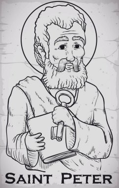 Saint Peter görüntü elle çizilmiş portresi yontulmuş taş, vektör çizim