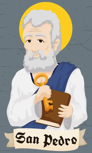 Saint Peter Holding sleutel en boek achter groet Scroll, vectorillustratie — Stockvector