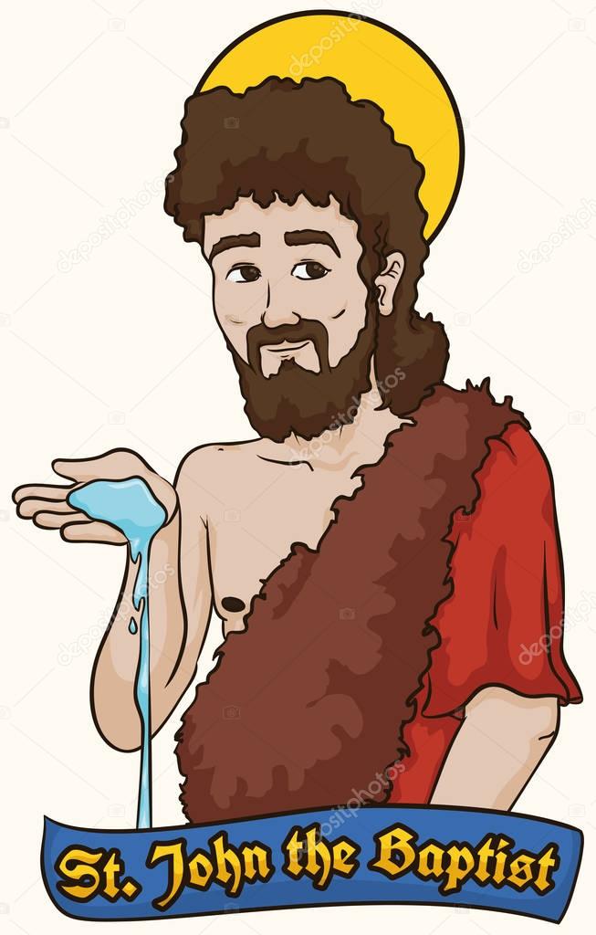 Saint John the Baptist holding Water over a Label, Vector Illustration