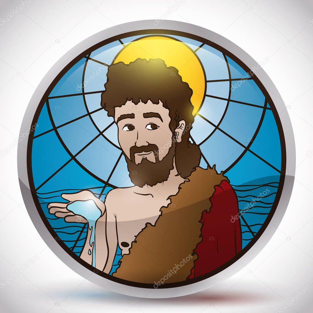 Button with Stained Glass Image of Saint John the Baptist, Vector Illustration