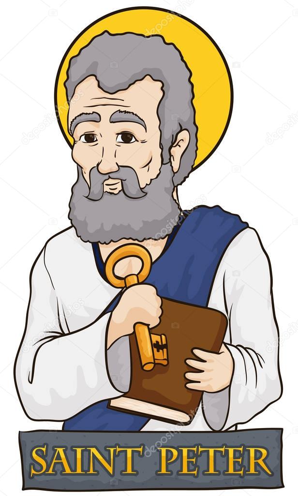 Saint Peter Holding a Book and Key with Stone Sign, Vector Illustration