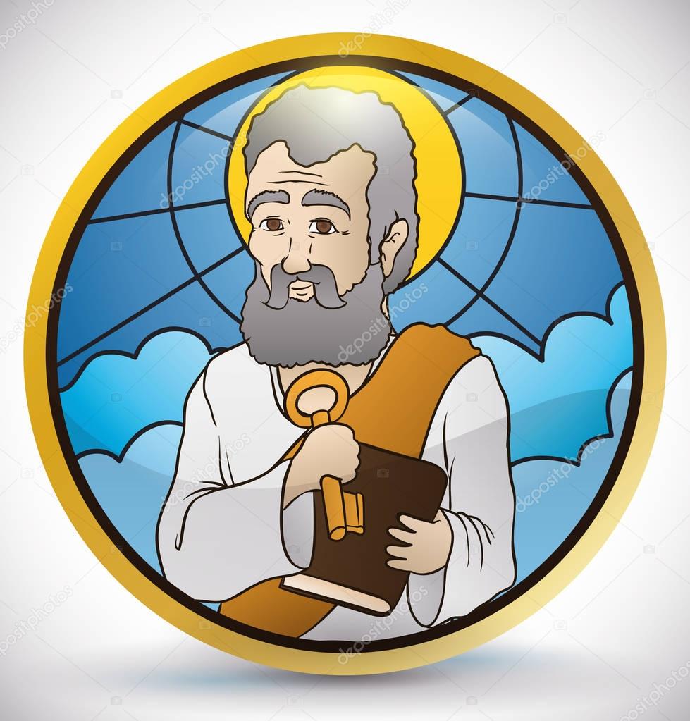 Round Button in Stained Glass Style with Saint Peter Image, Vector Illustration