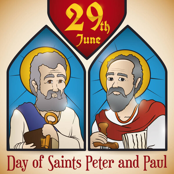 Stained Glass Portraits of Saints Peter and Paul for Solemnity, Vector Illustration