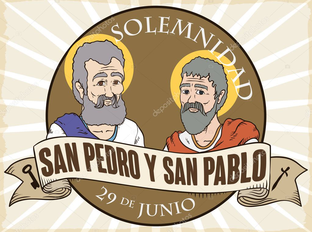 Button with Saints Peter and Paul for Solemnity in Spanish, Vector Illustration