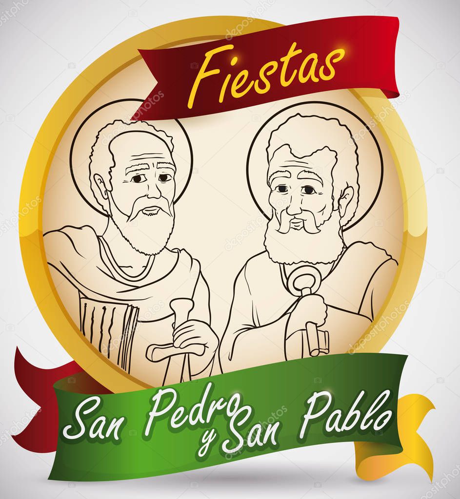 Golden Button with Saints Peter and Paul for Feast Day, Vector Illustration