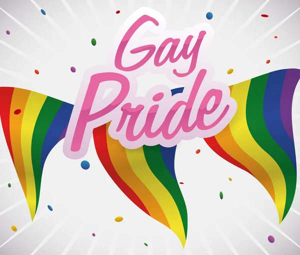 Proporczyki tęcza uroczysty i Confetti dla Gay Pride zdarzenia, ilustracji wektorowych — Wektor stockowy