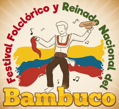 Geleneksel Kolombiya Bambuco Folklor Festivali, vektör çizim dans adam