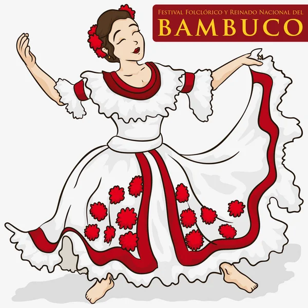Hermosa mujer vestida con un vestido tradicional colombiano para bailar Bambuco, Vector Illustration — Vector de stock