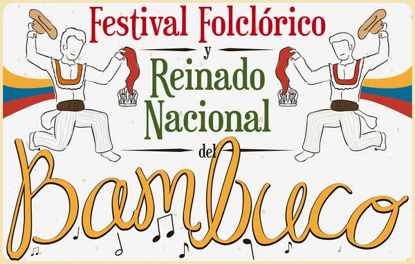 Poster ile geleneksel Bambuco dans göstermek için Kolombiya Folklor Festivali, vektör çizim — Stok Vektör