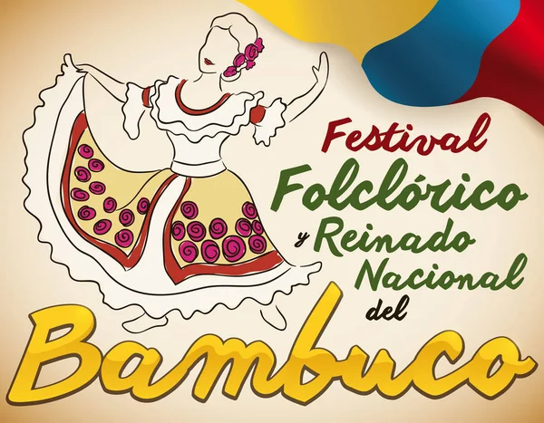 Mujer Bailando Bambuco, Exhibición de Danza Tradicional Colombiana para Festival, Ilustración Vectorial — Vector de stock