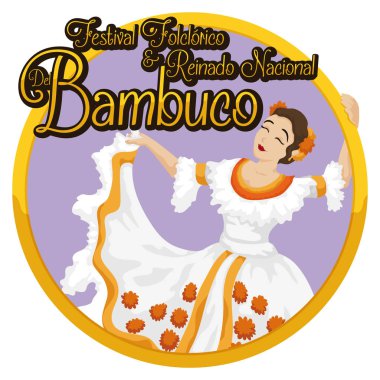 Bambuco dans kadın düğmesiyle yuvarlak ve Kolombiyalı Festival kutluyor, illüstrasyon vektör
