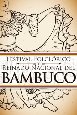 Bambuco'nın kadın dansçı elle çizilmiş Kolombiya Folklor Festivali, vektör çizim