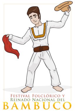 Kolombiyalı dansçı Bambuco dans şapka ve atkı, performans illüstrasyon vektör