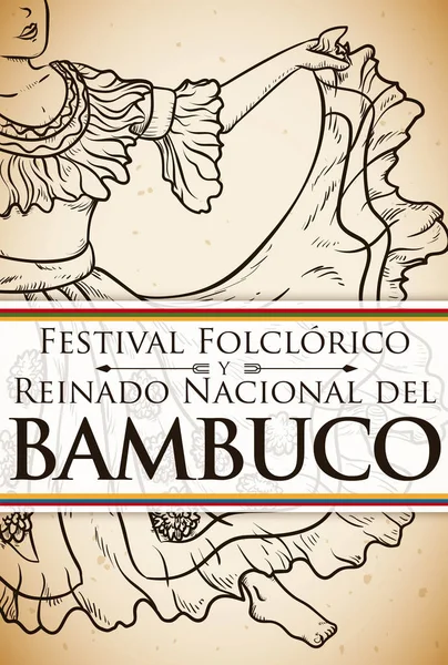 Bambuco 的女舞者在手绘为哥伦比亚的民俗节日，矢量图 — 图库矢量图片