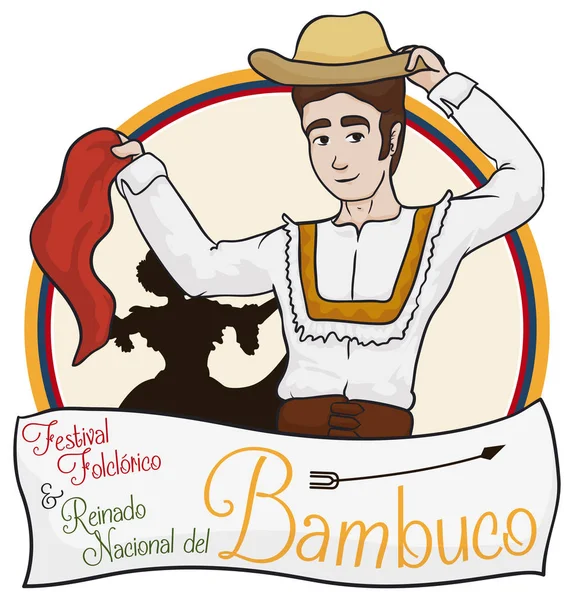 Traditionella colombianska par dansar Bambuco med hälsning etikett, vektor Illustration — Stock vektor
