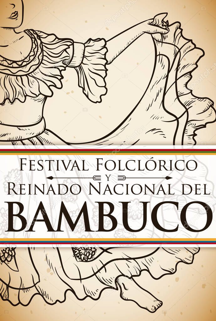 Bambuco's Woman Dancer in Hand Drawn for Colombian Folkloric Festival, Vector Illustration
