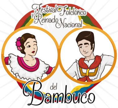 Geleneksel Kolombiya Bambuco dansçılar ve Folklor Festivali olay, vektör çizim için bayrakları