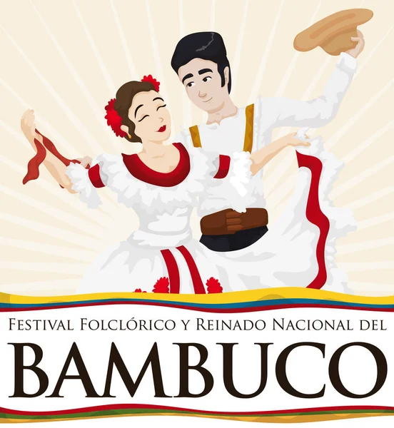 Pár tančí s tradičními kroji kolumbijské Bambuco folklorní festival, vektorové ilustrace — Stockový vektor