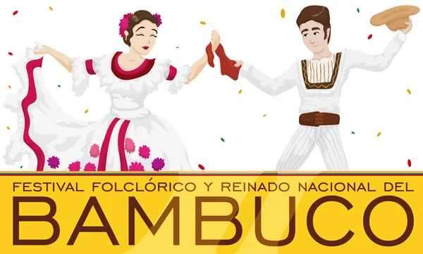 Ballerini tradizionali di Bambuco con Pioggia di Confetti per il Festival Folcloristico Colombiano, Illustrazione vettoriale — Vettoriale Stock