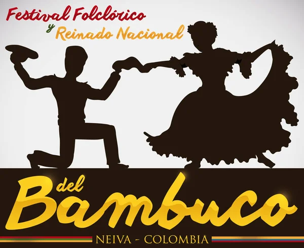 Kolombiya Folklor Festivali, vektör çizim için Bambuco'nın siluet dans performansı — Stok Vektör