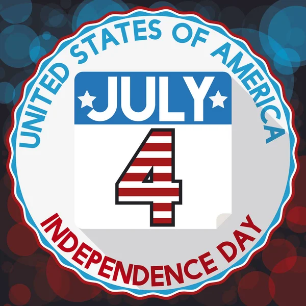 Etiqueta redonda, calendario y fecha de recordatorio para el Día de la Independencia Americana, ilustración vectorial — Vector de stock