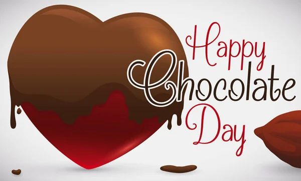 Corazón empapado en chocolate y frijol de cacao para el día del chocolate, ilustración vectorial — Vector de stock