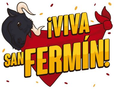 Boğa üzerinde kırmızı mendil ve İspanyol San Fermin, vektör çizim için konfeti