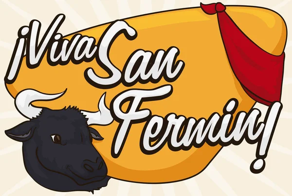 Pañuelo rojo y toro sobre signo de saludo para San Fermín, ilustración vectorial — Vector de stock