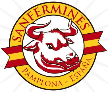 İspanyol San Fermin, vektör çizim için kızgın boğa tasarımı ile yuvarlak düğmesi