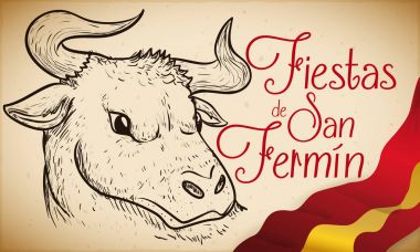 Elle çizilmiş bir boğa ve İspanya bayrağı Sanfermines, illüstrasyon vektör