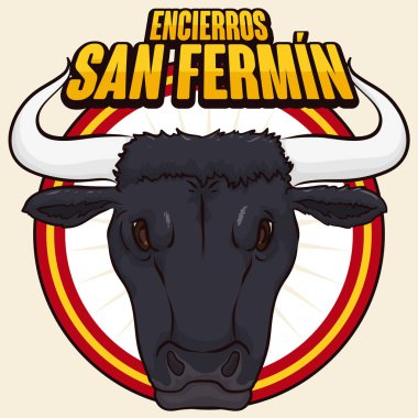 Boğa kafa San Fermin kutlama, vektör çizim ile promosyon yuvarlak düğmesi