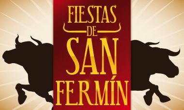 Bulls Silhouette and Red Label for Spanish San Fermin Celebration, Vector Illustration clipart
