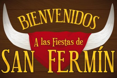 San Fermin, Vektör İllüstrasyon için Tebrik Mesajı ile Boynuzlar ve Mendil