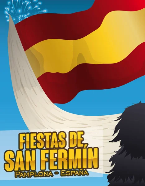 Bull Holding San Fermin, Vektör İllüstrasyon için Bir İspanya Bayrağı ve Havai Fişek