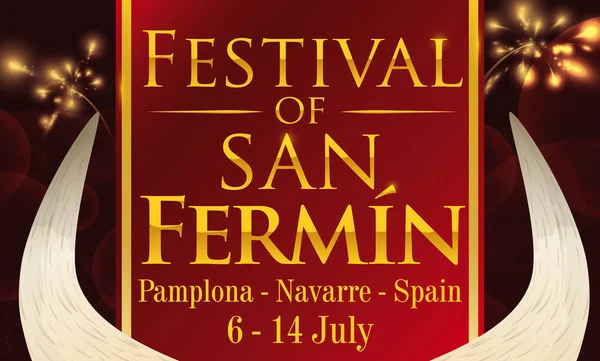 Exibição de fogos de artifício, chifres de touro e etiqueta para a celebração de San Fermin, ilustração vetorial — Vetor de Stock