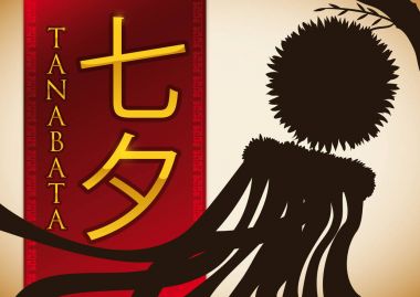 Fukinagashi Japon Tanabata Festivali, vektör çizim kutlamak için bambu şube siluetleri altında