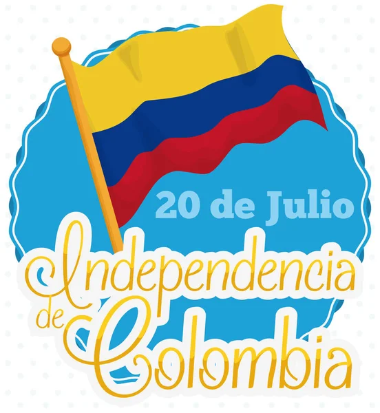 Etiqueta redonda con bandera colombiana ondeante para el Día de la Independencia, Vector Illustration — Vector de stock