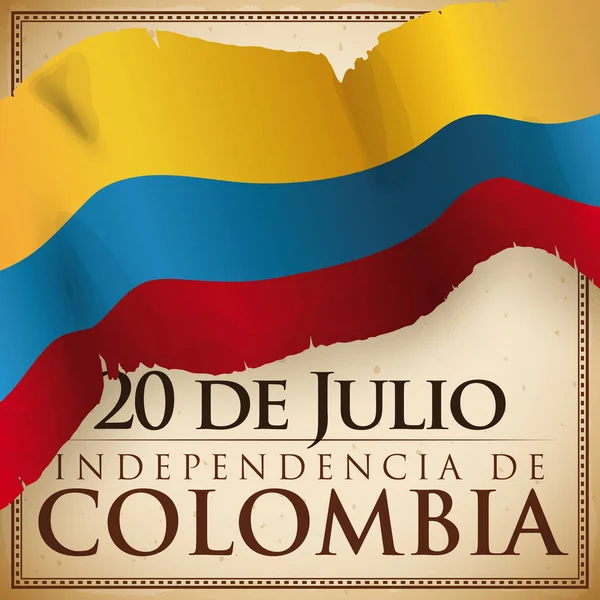 Diseño con bandera irregular sobre pergamino para el Día de la Independencia de Colombia, ilustración vectorial — Archivo Imágenes Vectoriales