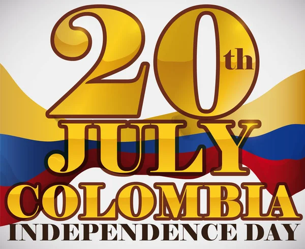 Mensaje de oro y bandera ondeante para el Día de la Independencia de Colombia Celebración, Vector Illustration — Archivo Imágenes Vectoriales