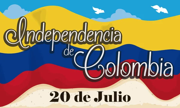 Флаг Колумбии с мирным небом и свитки, посвященные Дню независимости, векторная иллюстрация — стоковый вектор