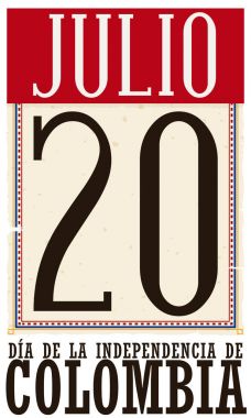 Kolombiya Bağımsızlık günü 20 Temmuz, vektör çizim için Retro gevşek yaprak takvim