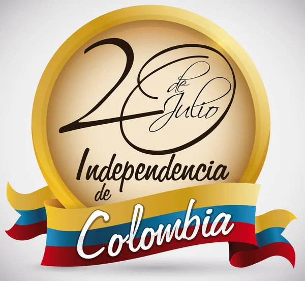 Botón con fecha manuscrita y bandera para el Día de la Independencia de Colombia, ilustración vectorial — Archivo Imágenes Vectoriales