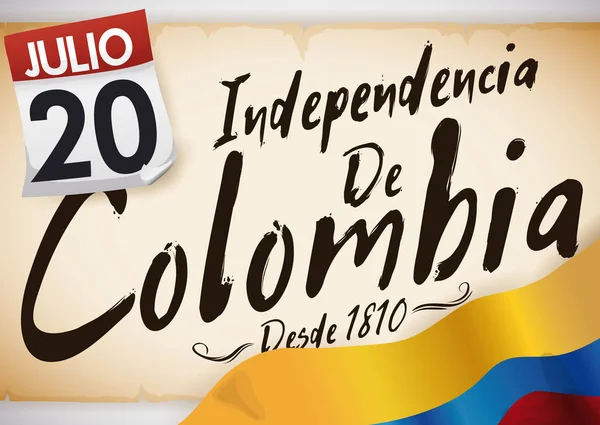 Gamla Scroll, flagga och lösblad kalender för Colombia självständighetsdagen, vektorillustration — Stock vektor